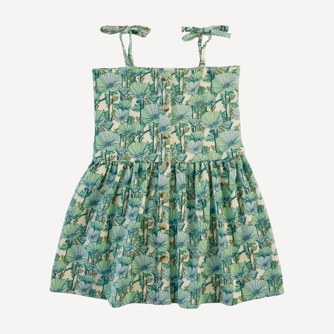 shoulder tie button sun dress | small aqua poppies | organic cotton interlock