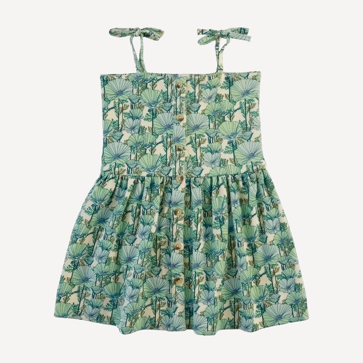 shoulder tie button sun dress | small aqua poppies | organic cotton interlock
