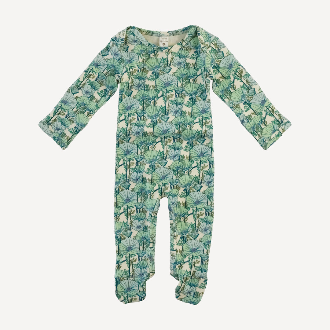 long sleeve lap neck footie | small aqua poppies | organic cotton interlock