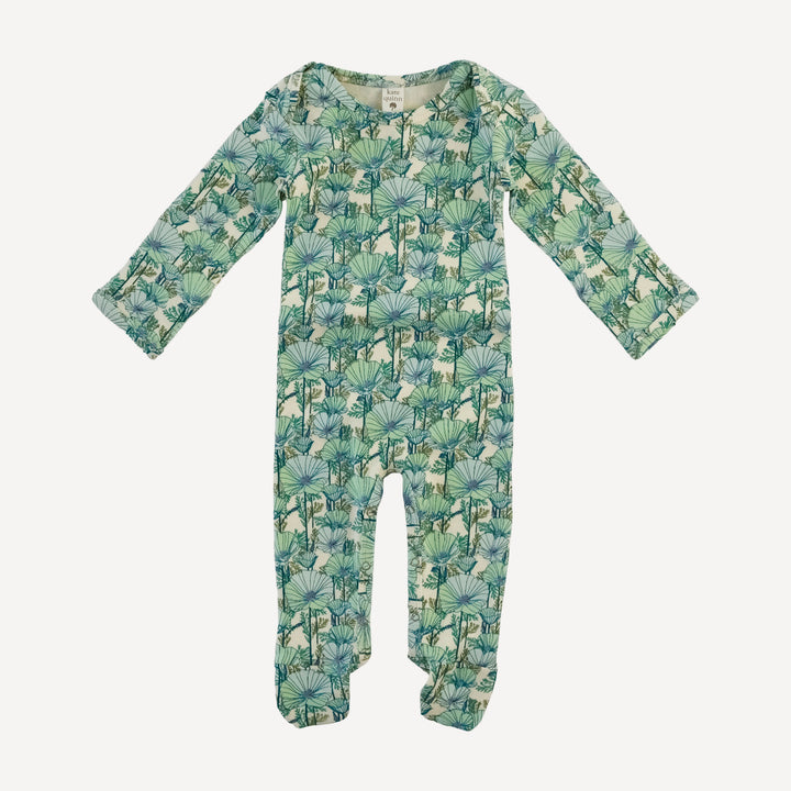 long sleeve lap neck footie | small aqua poppies | organic cotton interlock