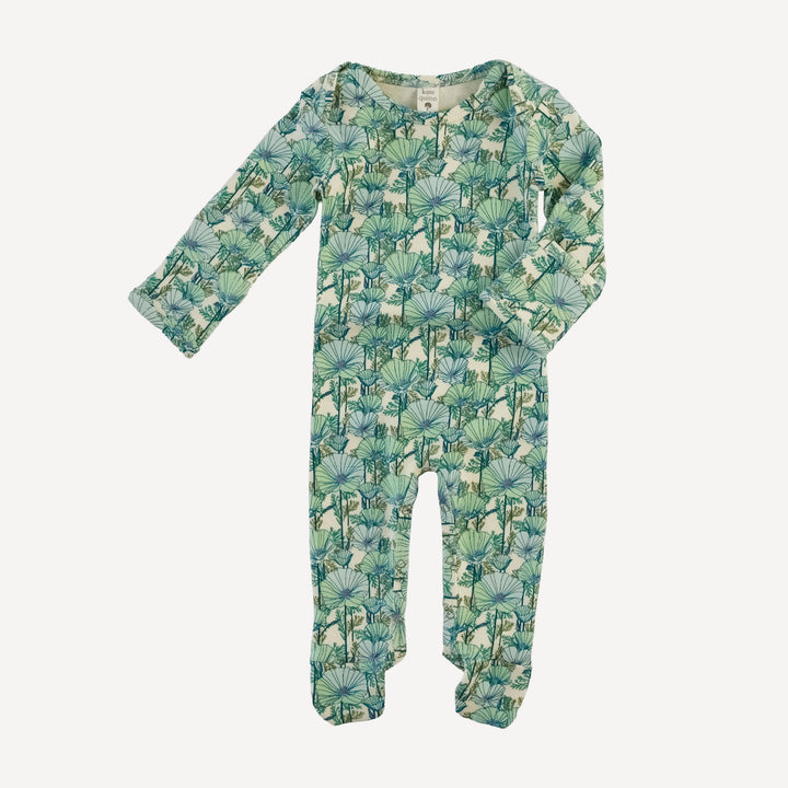 long sleeve lap neck footie | small aqua poppies | organic cotton interlock