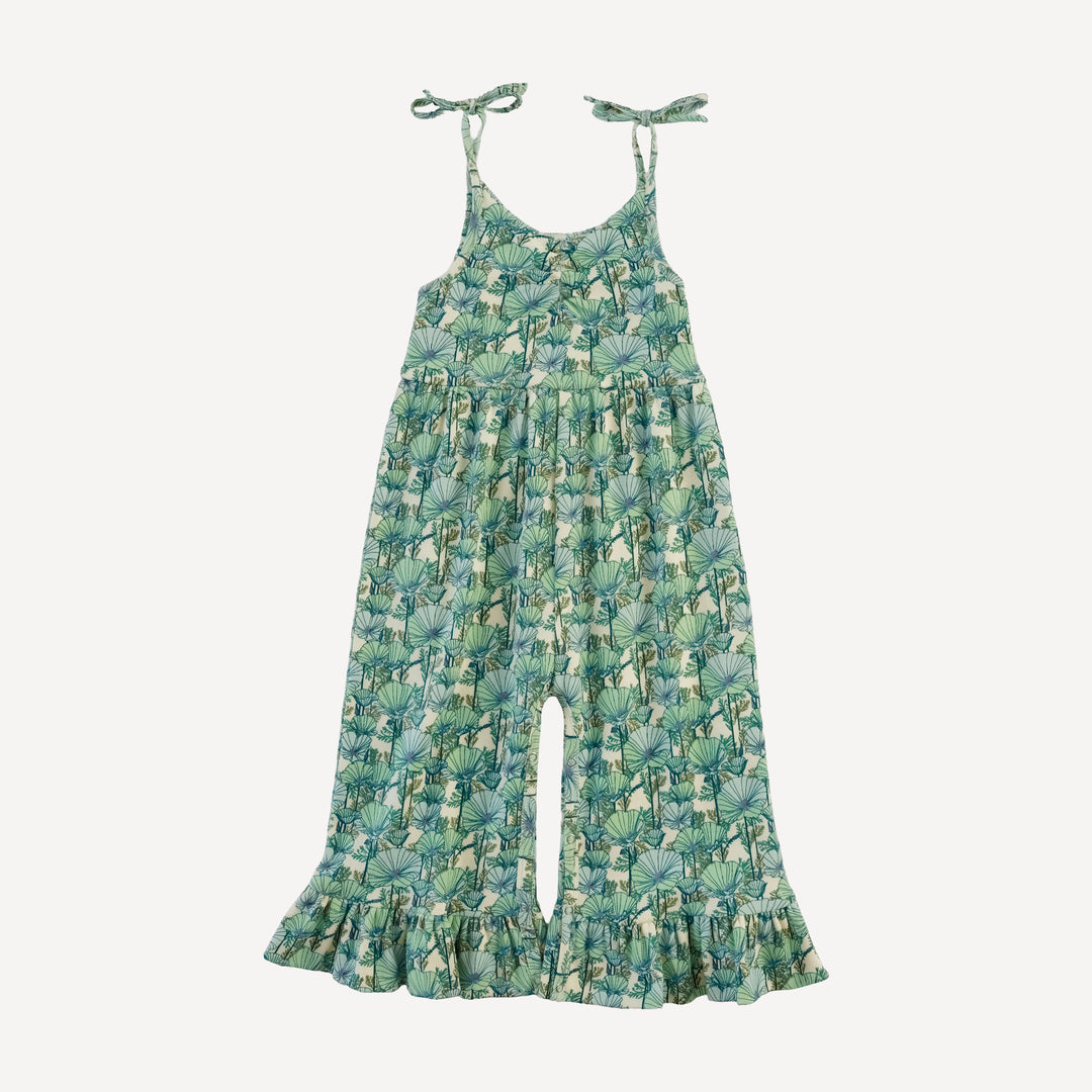 spaghetti tie ruched wide leg ruffle jumpsuit | small aqua poppies | organic cotton interlock