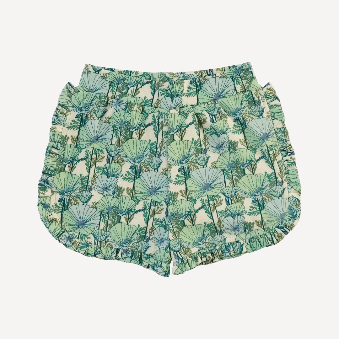 ruffle track short | small aqua poppies | organic cotton interlock