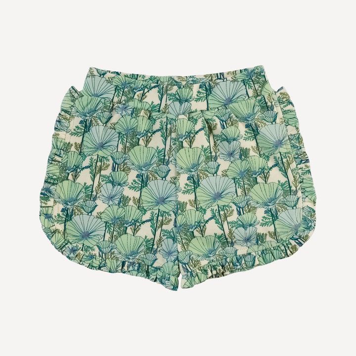 ruffle track short | small aqua poppies | organic cotton interlock
