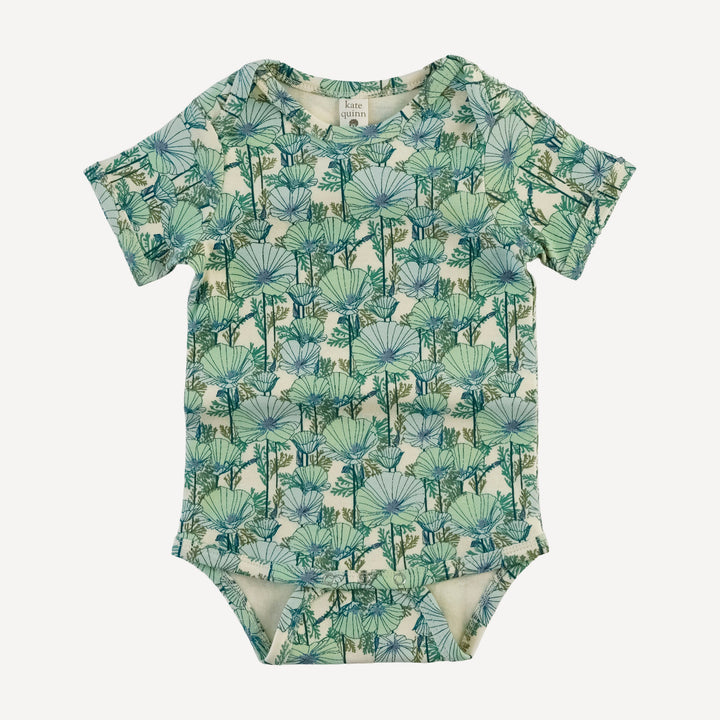 short sleeve lap neck bodysuit | small aqua poppies | organic cotton interlock