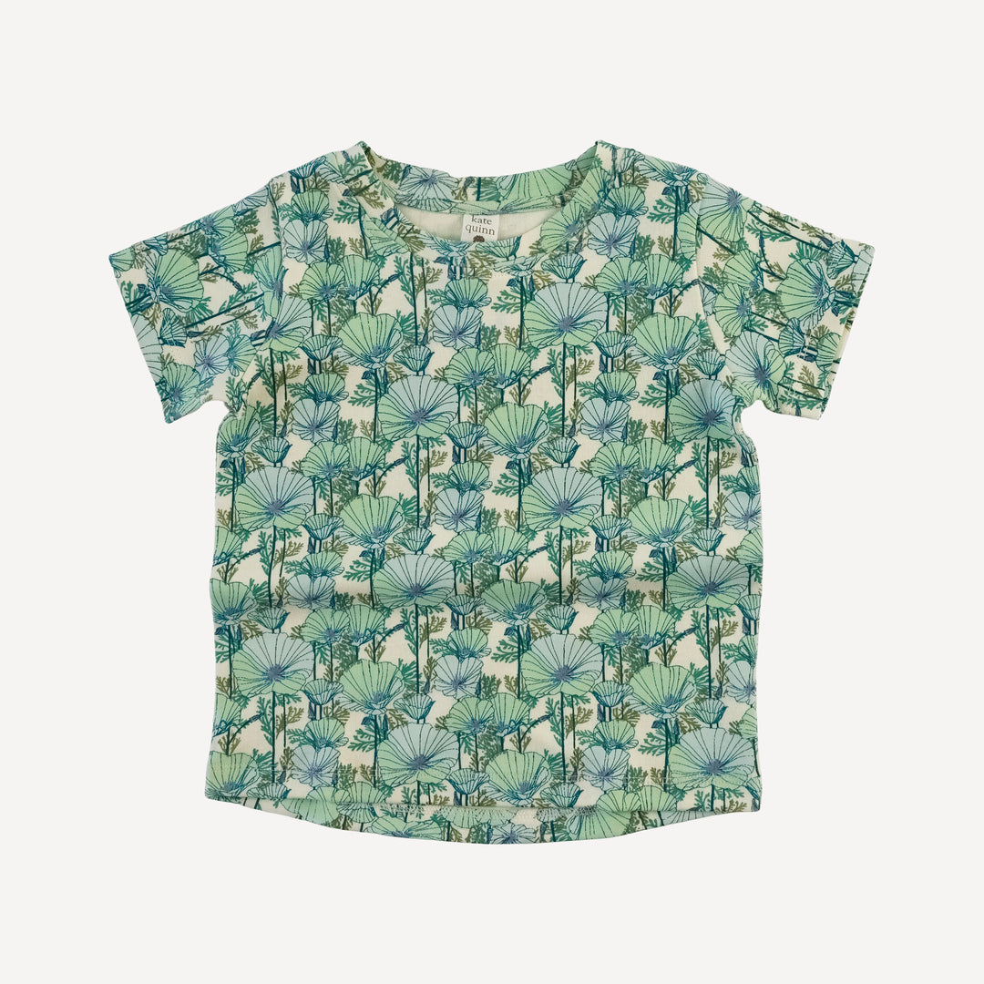 short sleeve essential boxy tee | small aqua poppies | organic cotton interlock
