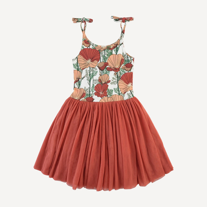 spaghetti tie ballerina tulle dress | california poppies | organic cotton interlock