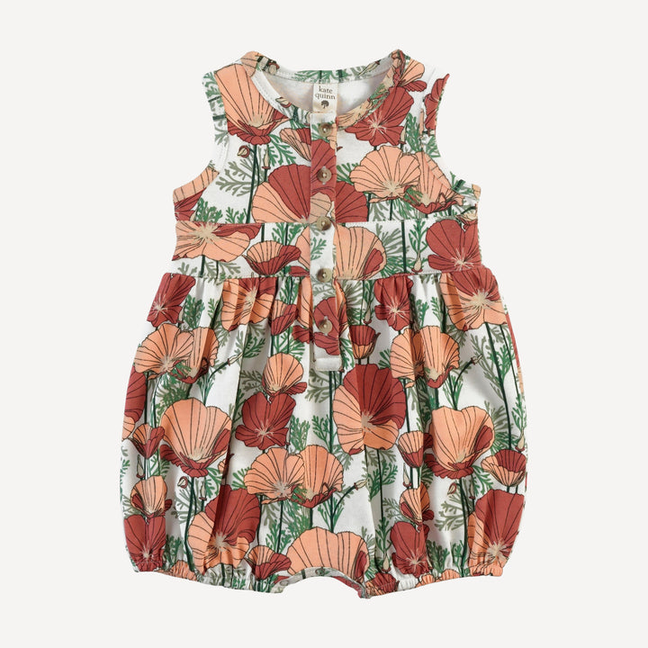 sleeveless front belted button bubble | california poppies | organic cotton interlock