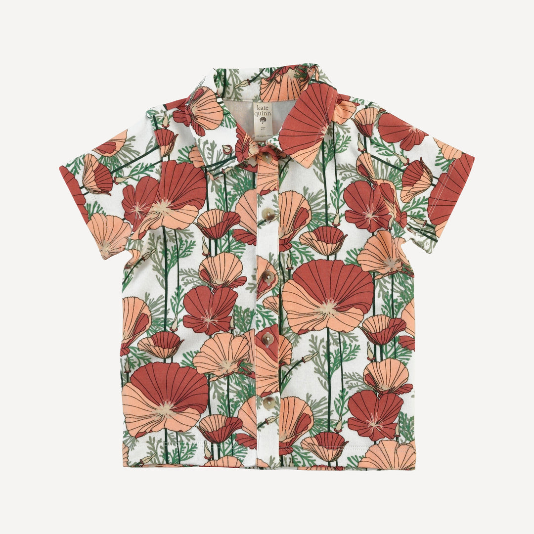 short sleeve button down shirt | california poppies | organic cotton interlock