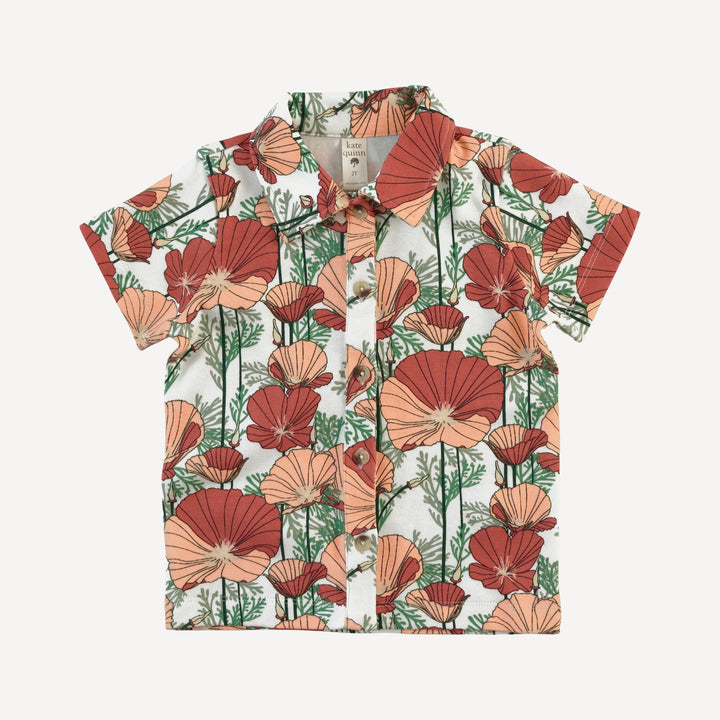 short sleeve button down shirt | california poppies | organic cotton interlock