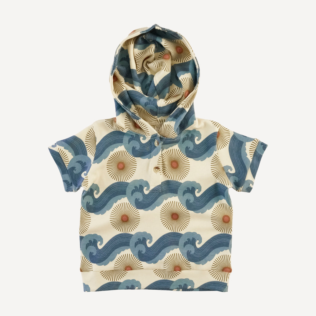 short sleeve henley hoodie | blue ocean sun | organic cotton interlock