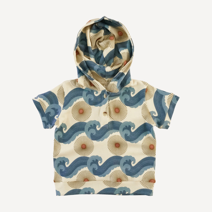 short sleeve henley hoodie | blue ocean sun | organic cotton interlock