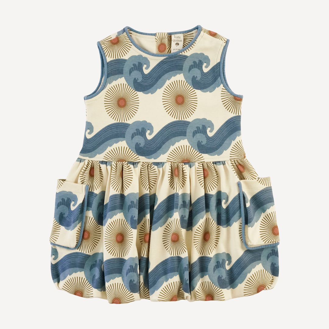 sleeveless piped cargo bubble dress | blue ocean sun | organic cotton interlock