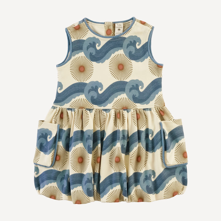 sleeveless piped cargo bubble dress | blue ocean sun | organic cotton interlock