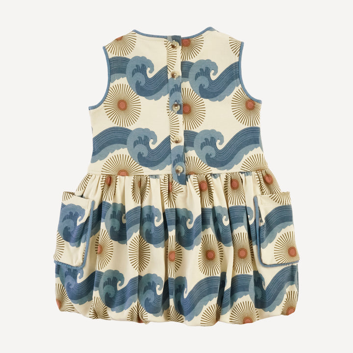 sleeveless piped cargo bubble dress | blue ocean sun | organic cotton interlock