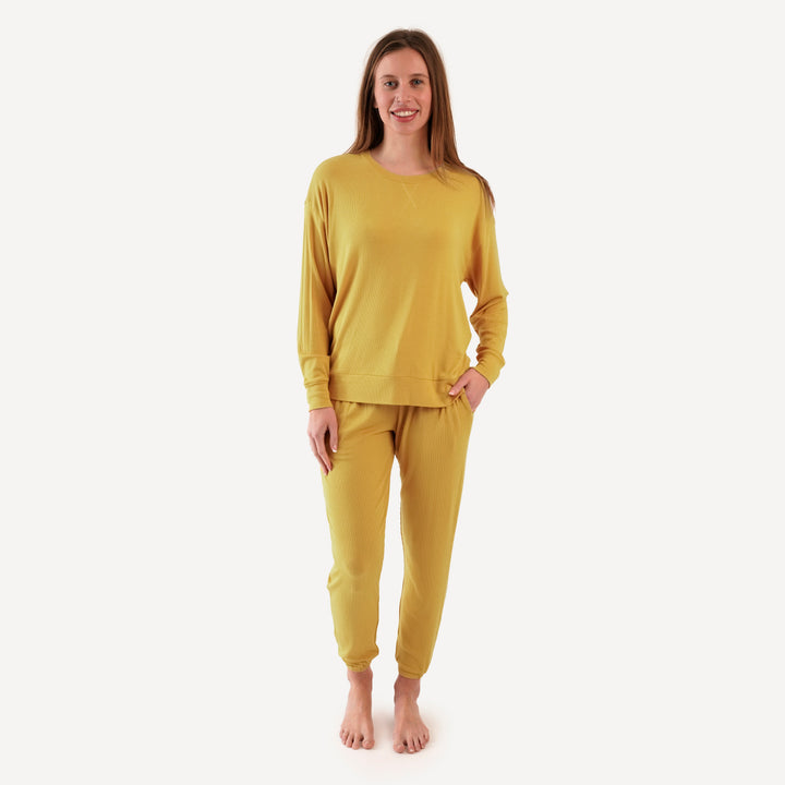 womens long sleeve jogger set | golden sun | modal skinny rib
