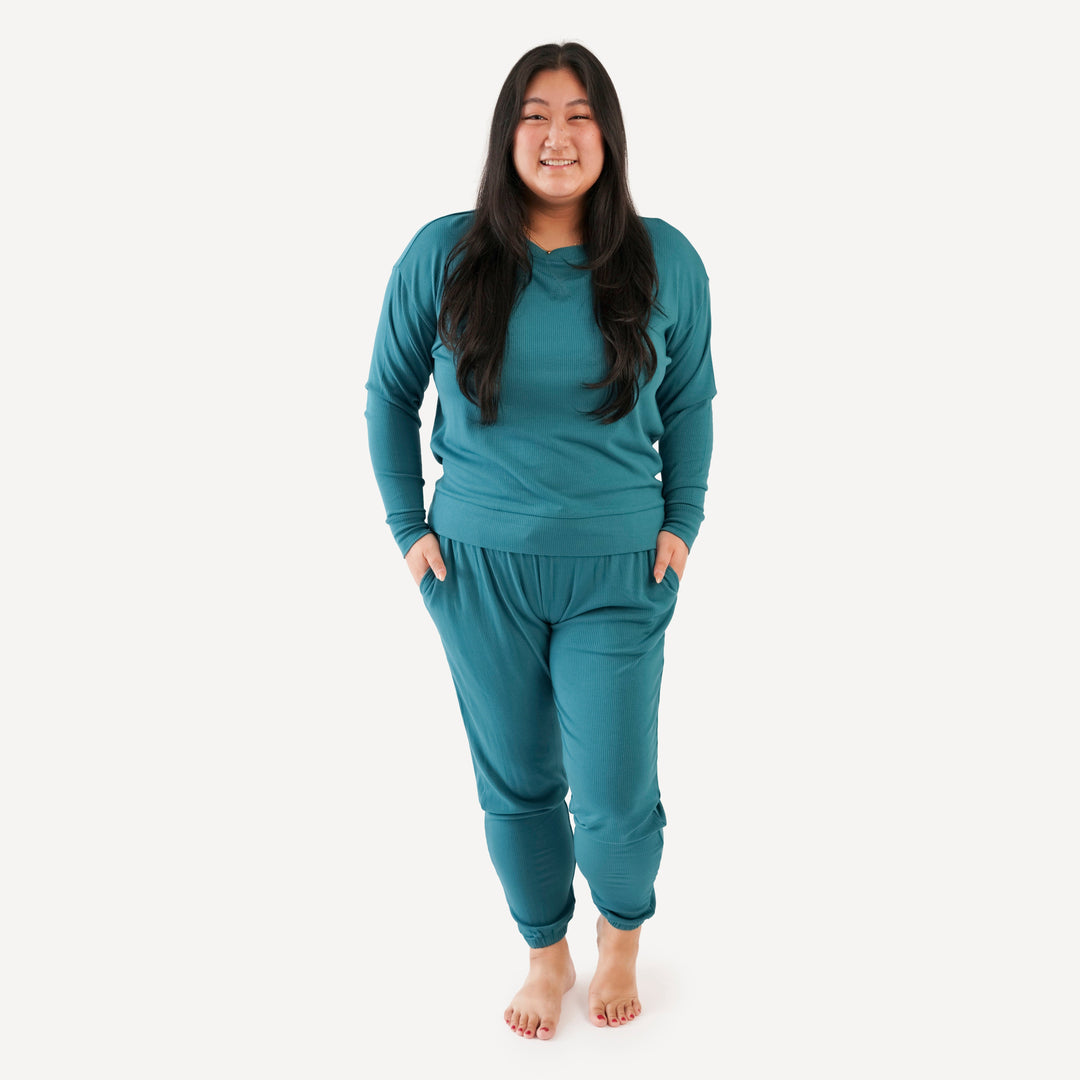 womens long sleeve jogger set | teal | modal skinny rib