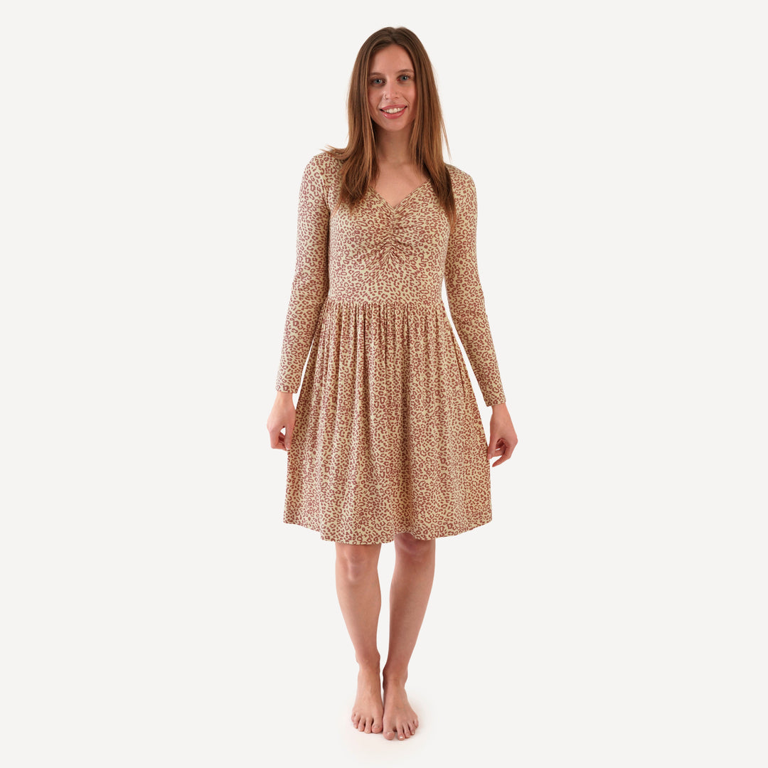 womens long sleeve twirl dress | leopard print | modal skinny rib