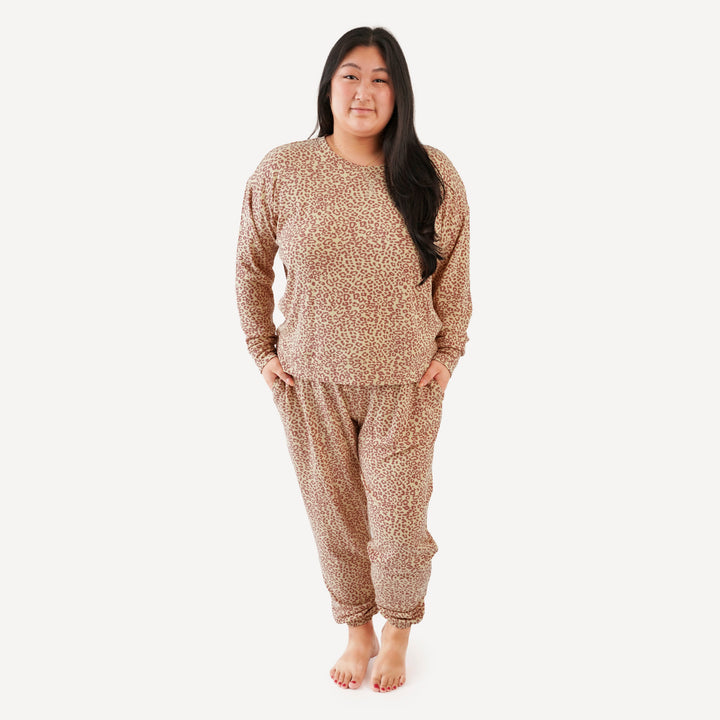 womens long sleeve jogger set | leopard print | modal skinny rib