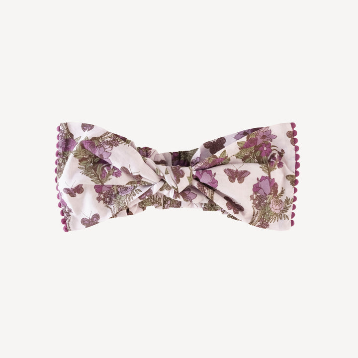 large pom pom bow elastic headband | purple floral butterfly | organic cotton woven