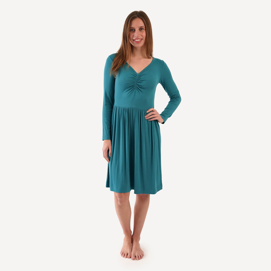 womens long sleeve twirl dress | teal | modal skinny rib
