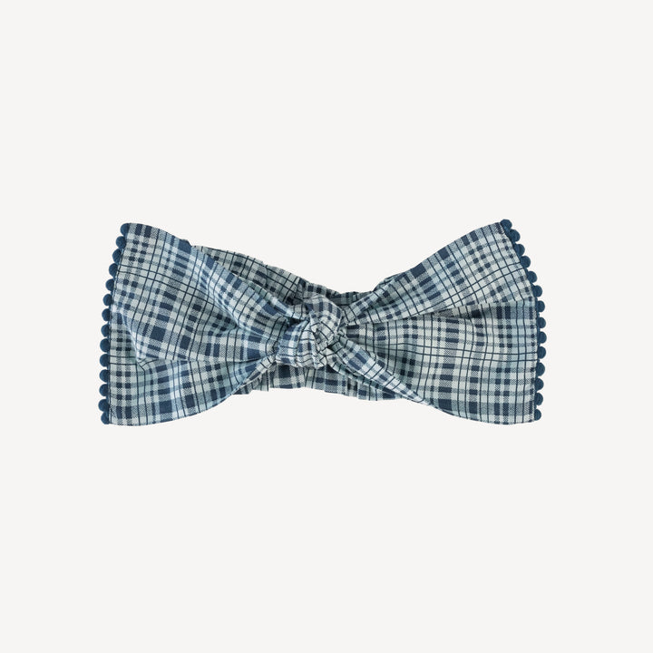 large pom pom bow elastic headband | navy plaid | organic cotton woven