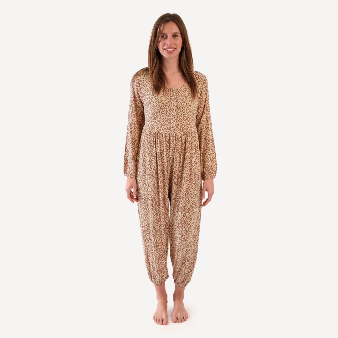 womens long sleeve button front v-waist jumpsuit | leopard print | modal skinny rib