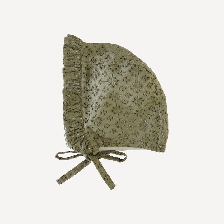 small ruffle bonnet | deep moss | organic cotton woven eyelet