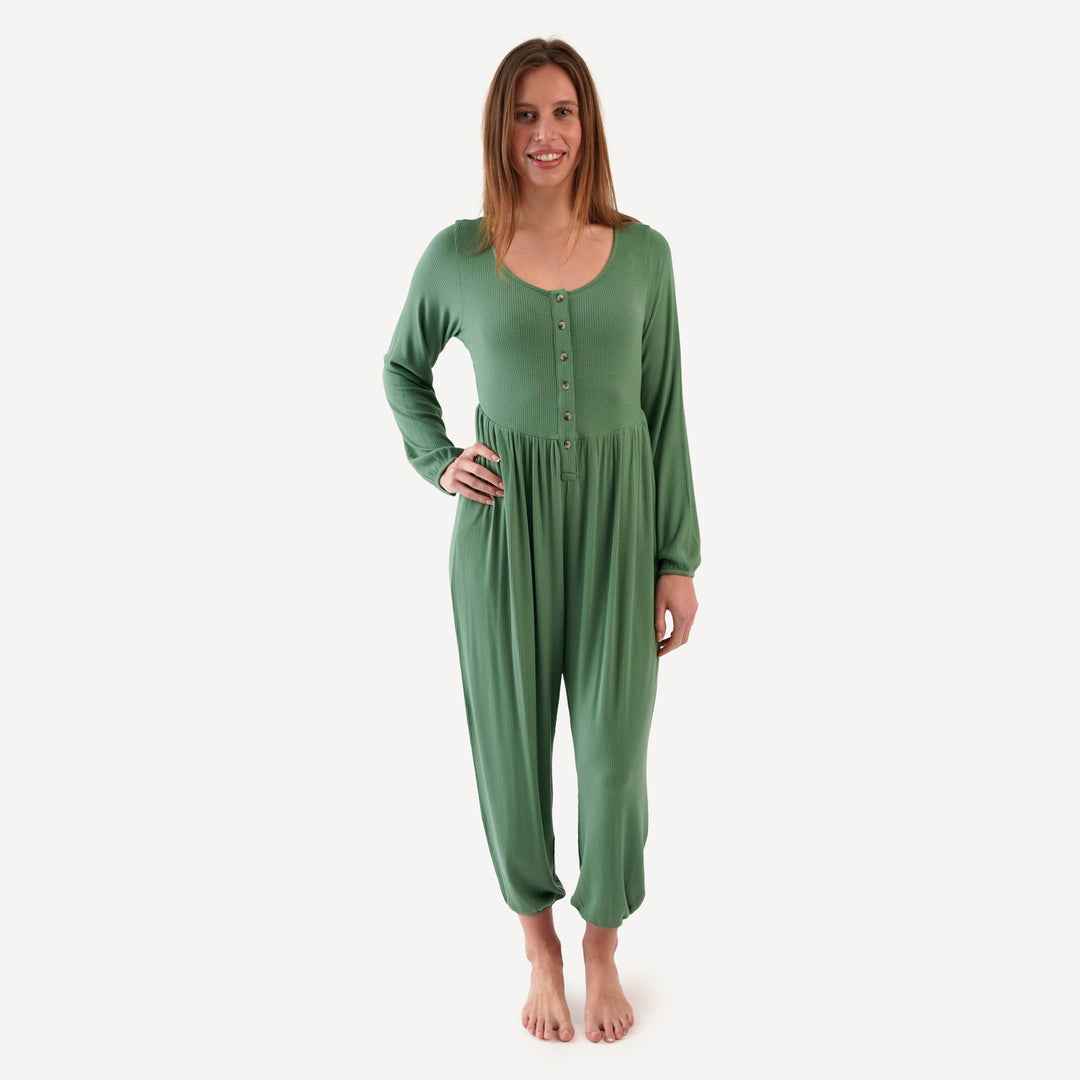 womens long sleeve button front v-waist jumpsuit | elm | modal skinny rib
