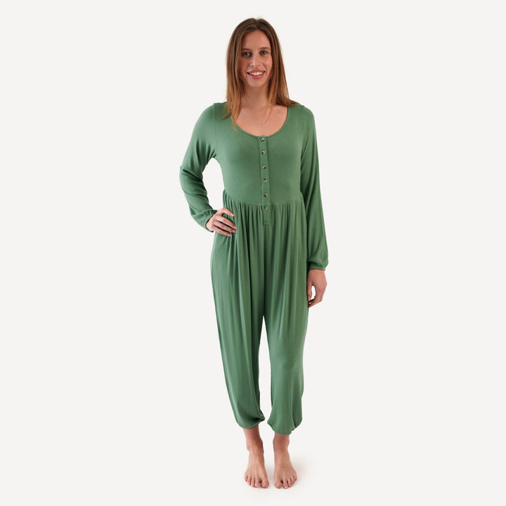 womens long sleeve button front v-waist jumpsuit | elm | modal skinny rib