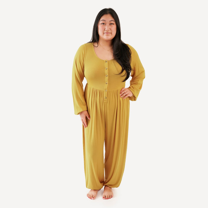 womens long sleeve button front v-waist jumpsuit | golden sun | modal skinny rib