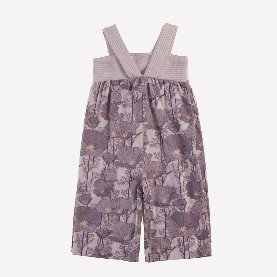 quilted gaucho jumpsuit | large purple poppies | organic cotton gauze