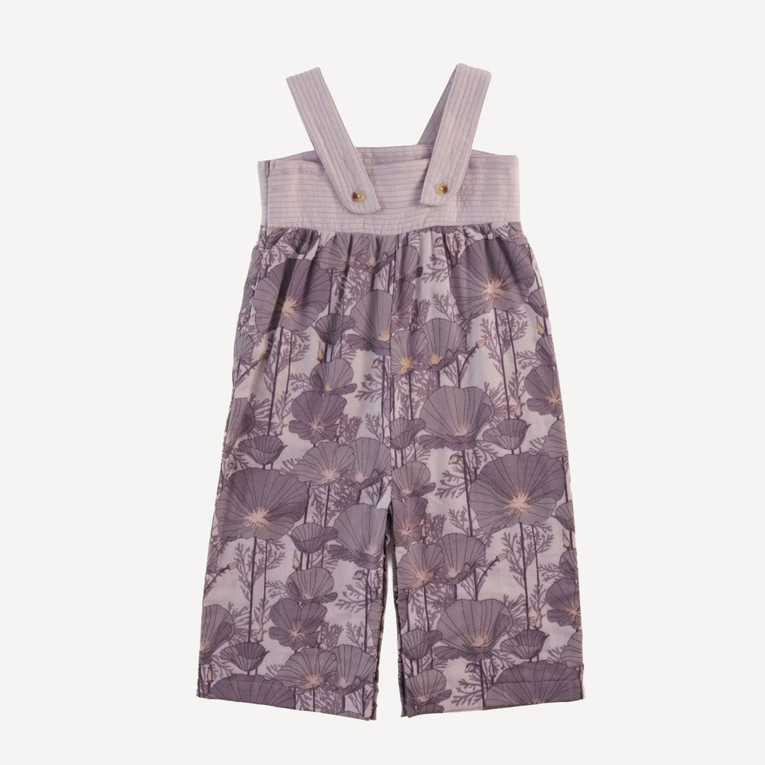quilted gaucho jumpsuit | large purple poppies | organic cotton gauze
