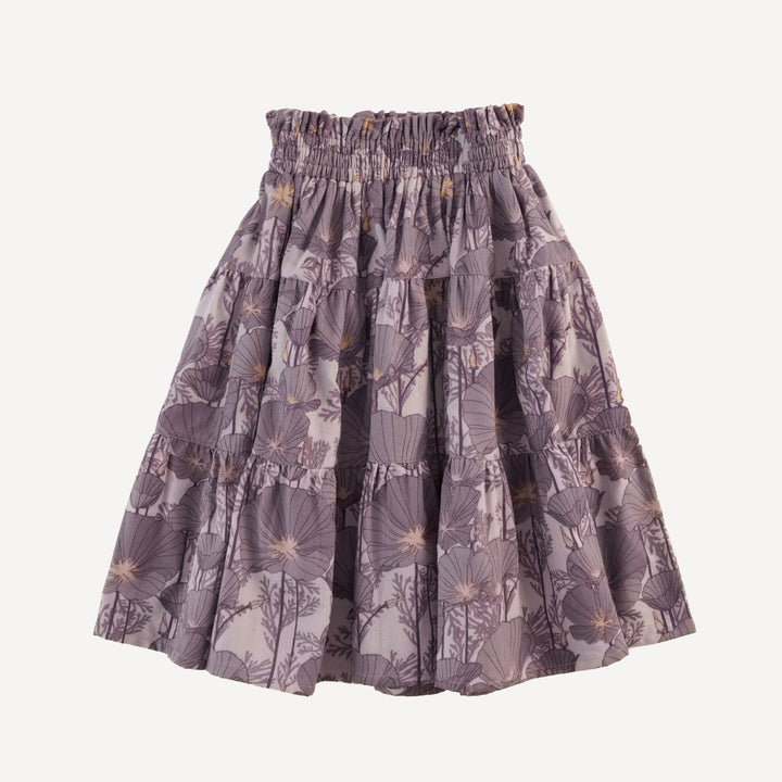 smocked tiered gathered maxi skirt | large purple poppies | organic cotton gauze