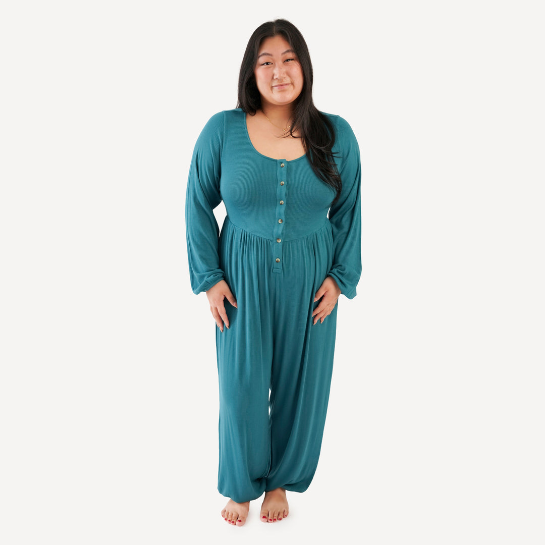 womens long sleeve button front v-waist jumpsuit | teal | modal skinny rib
