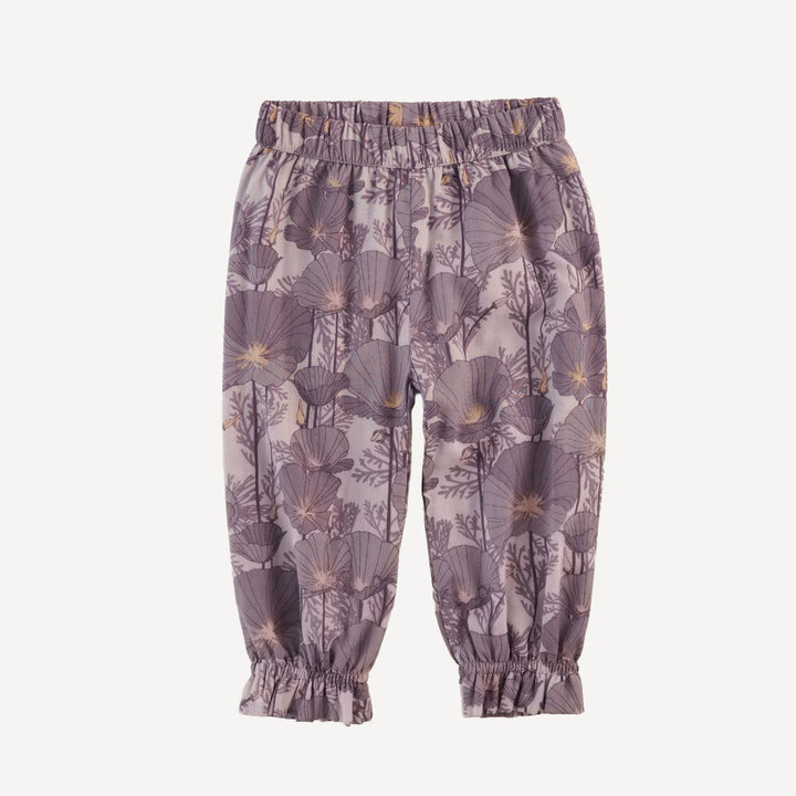 gathered waist pant | large purple poppies | organic cotton gauze