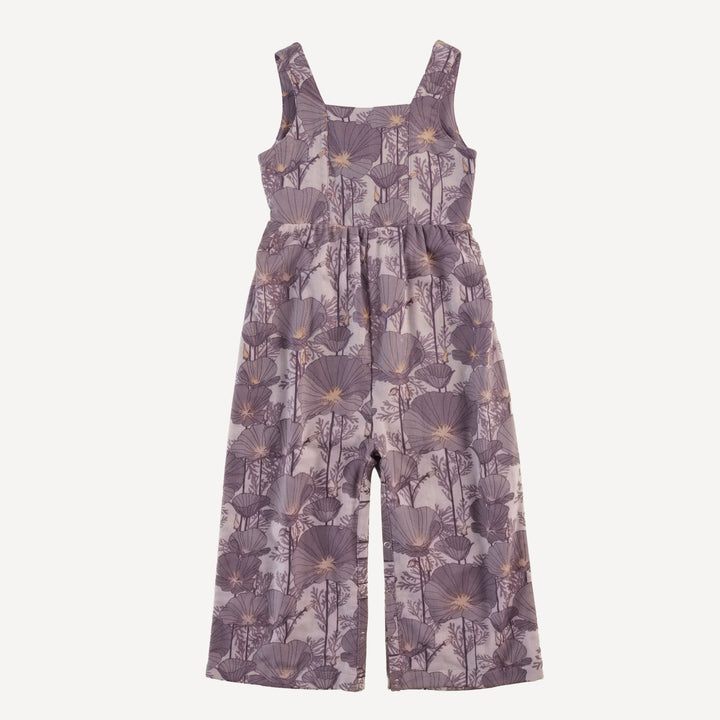 tie back jumpsuit | large purple poppies | organic cotton gauze
