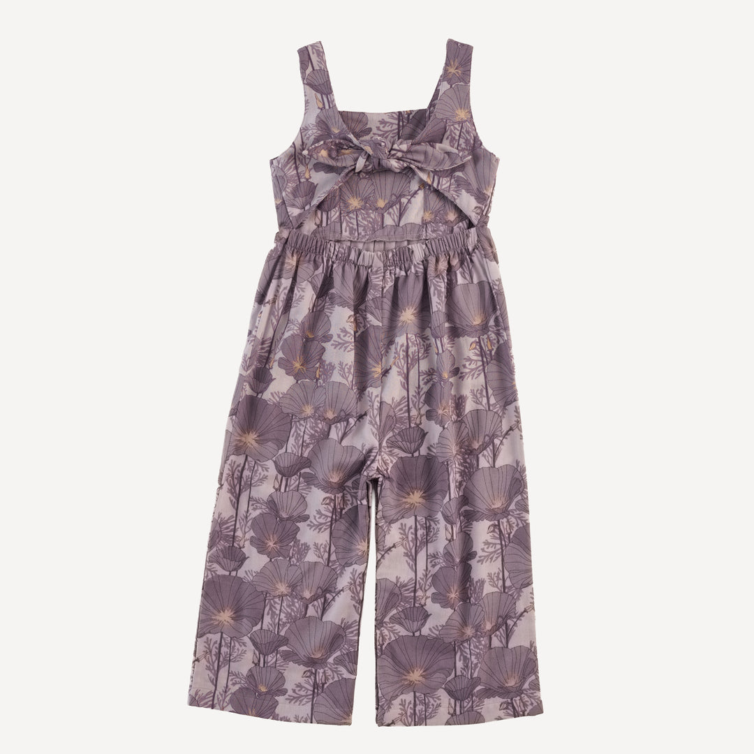 tie back jumpsuit | large purple poppies | organic cotton gauze