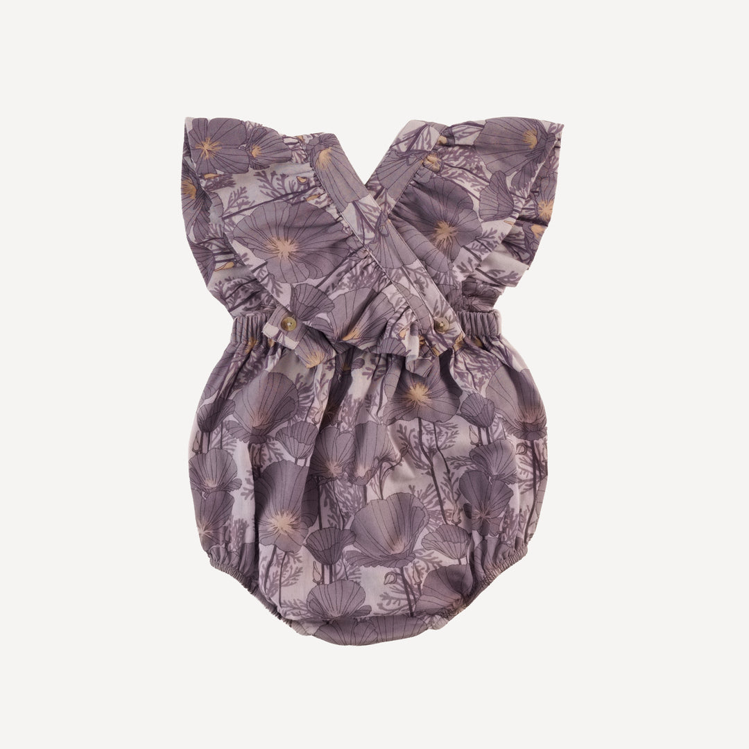 ruffle strap bubble | large purple poppies | organic cotton gauze