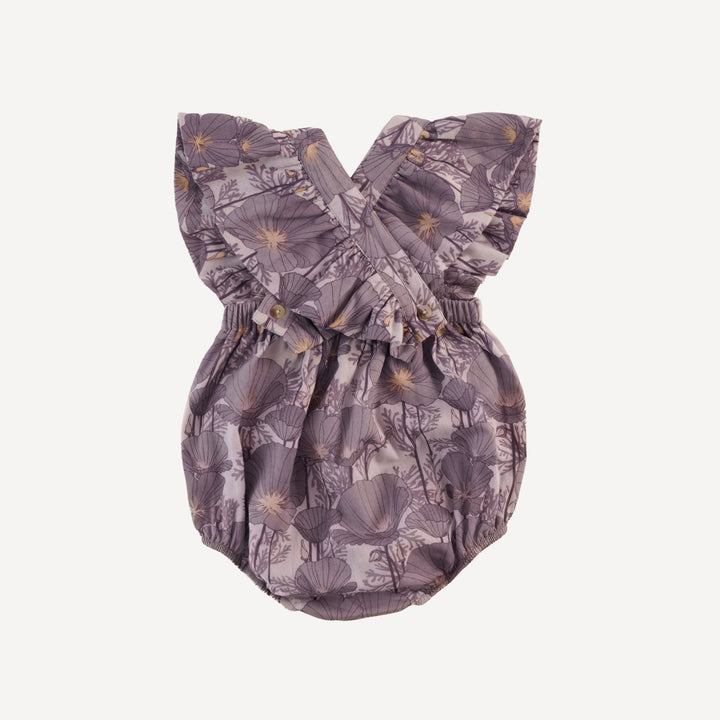 ruffle strap bubble | large purple poppies | organic cotton gauze