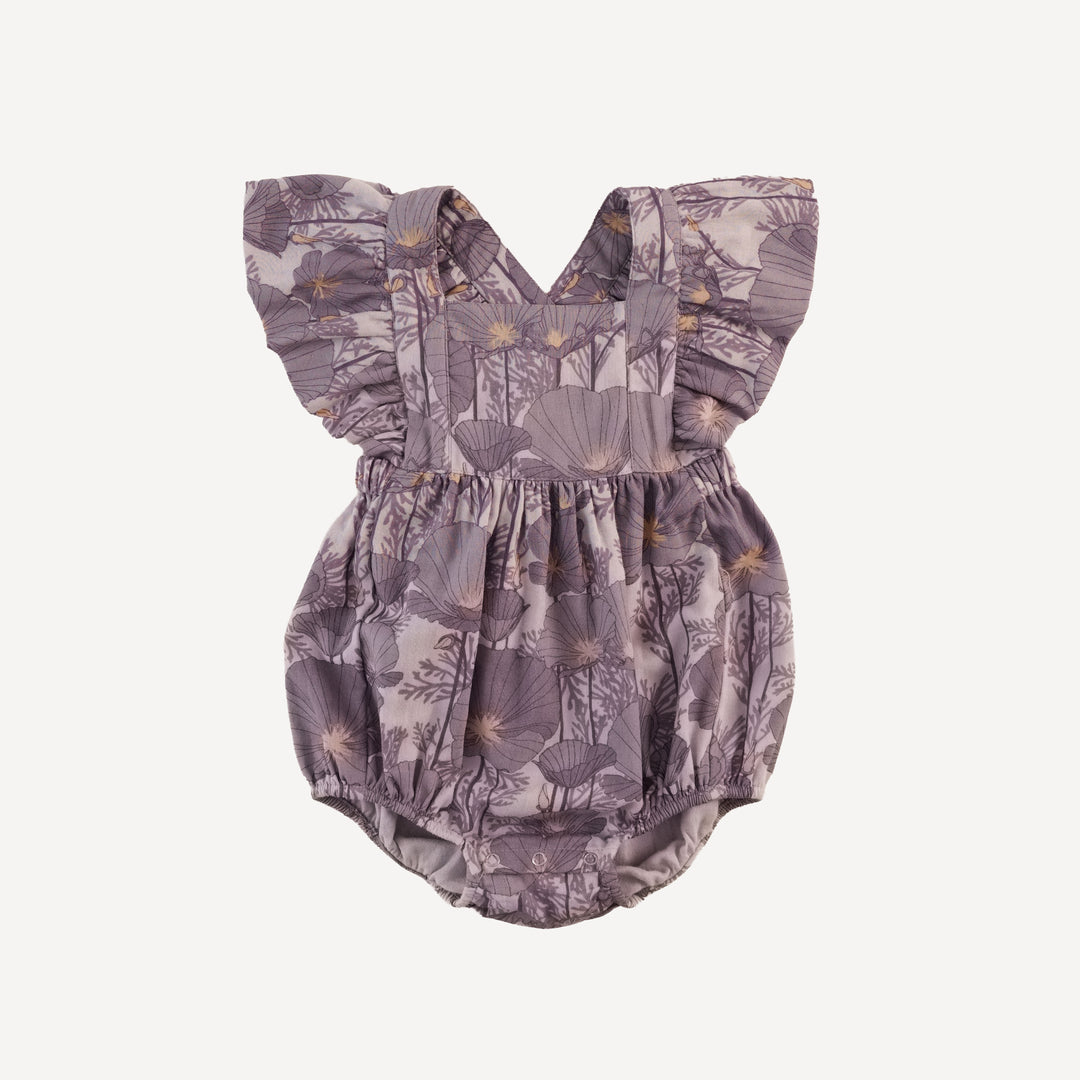 ruffle strap bubble | large purple poppies | organic cotton gauze