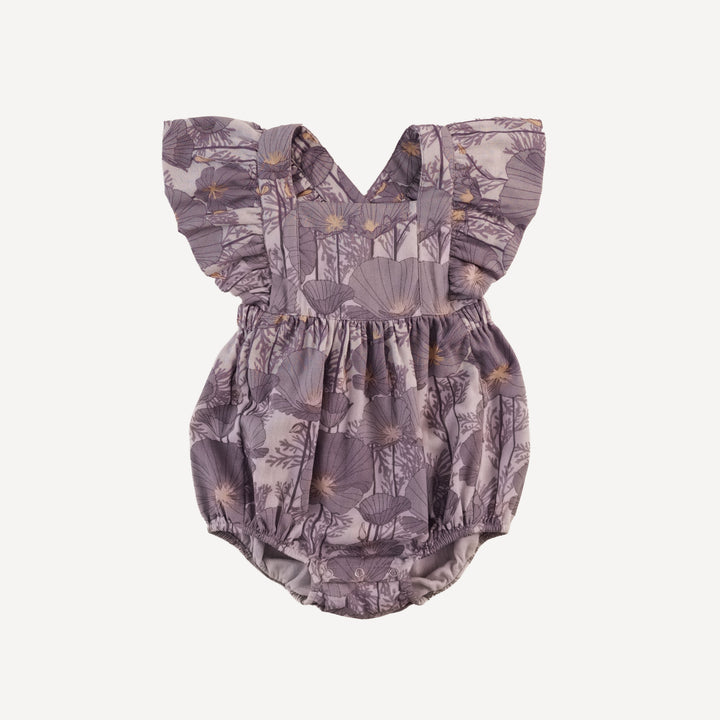 ruffle strap bubble | large purple poppies | organic cotton gauze