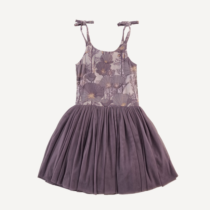 spaghetti tie ballerina tulle dress | large purple poppies | organic cotton gauze