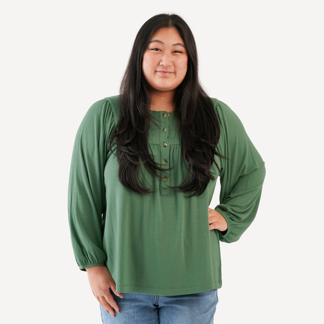 womens long sleeve inverted yoke henley top | elm | modal skinny rib