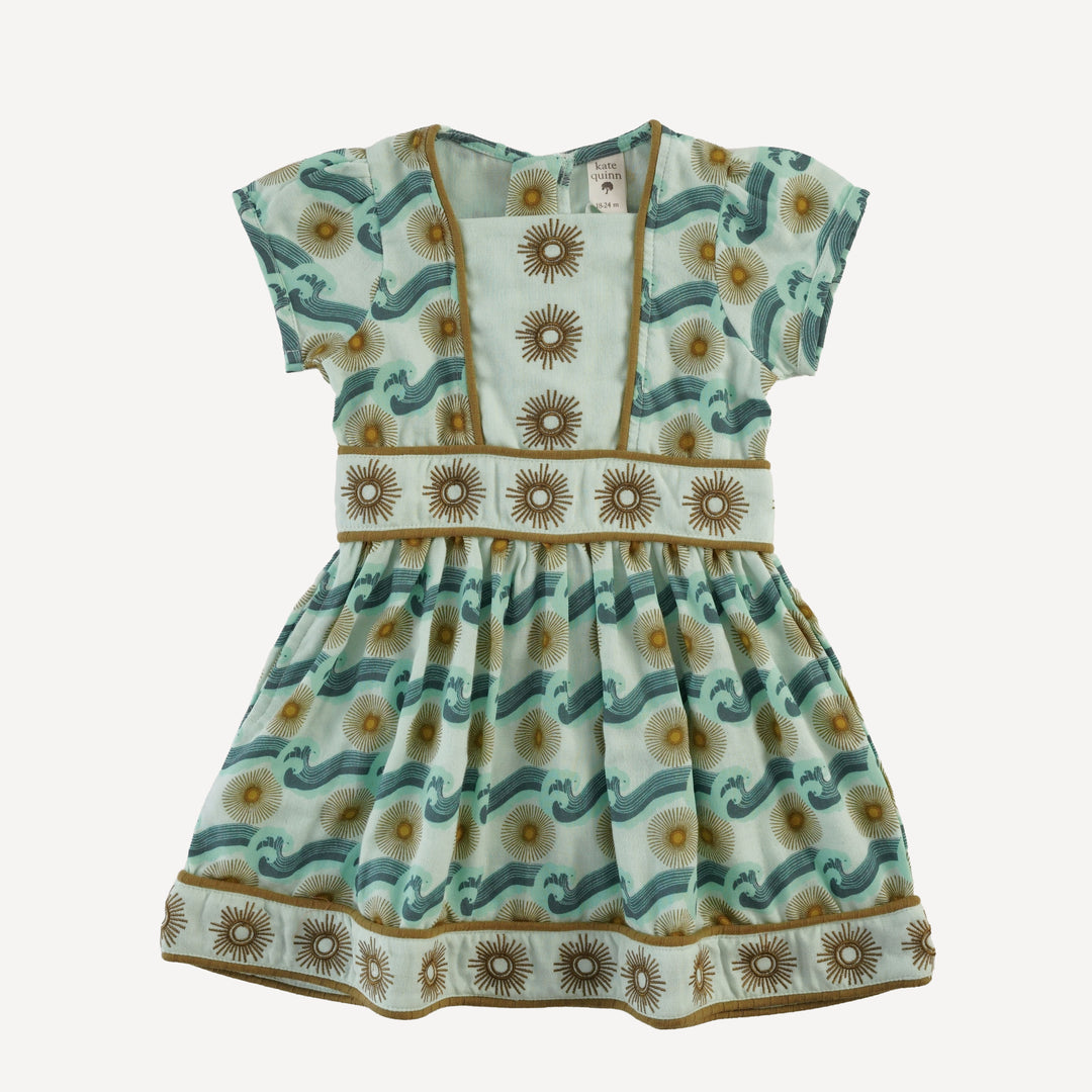 short puff sleeve piped square neck embroidered dress | aqua ocean sun | organic cotton gauze