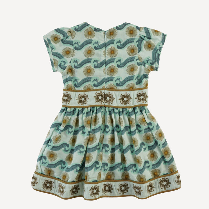 short puff sleeve piped square neck embroidered dress | aqua ocean sun | organic cotton gauze