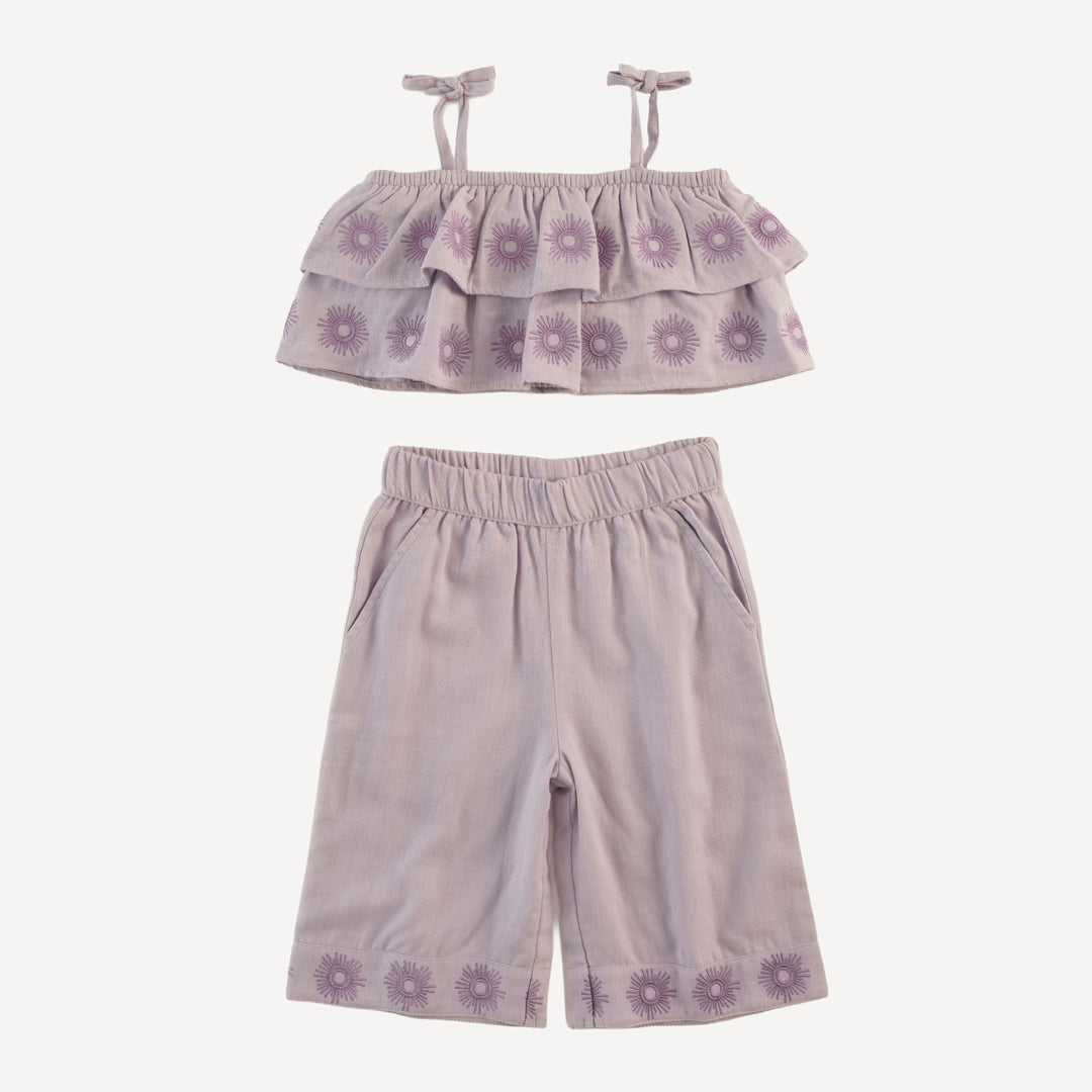 double ruffle sunsuit top + sun embroidered gaucho pant | thistle | organic cotton gauze