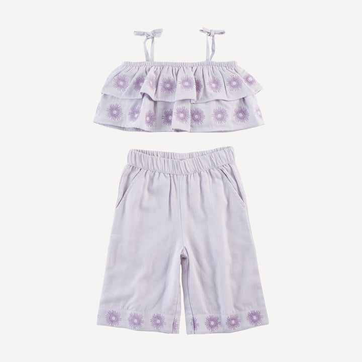 double ruffle sunsuit top + sun embroidered gaucho pant | thistle | organic cotton gauze