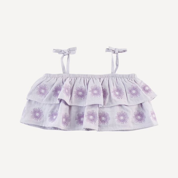 double ruffle sunsuit top + sun embroidered gaucho pant | thistle | organic cotton gauze