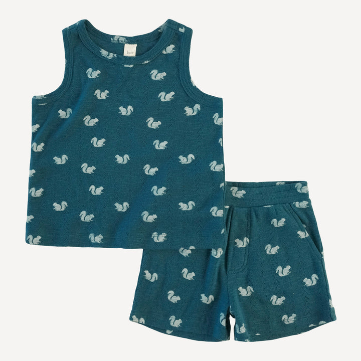 topstitch tank and relaxed short set | blue tiny squirrel | organic cotton pointelle